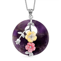 African Amethyst and Multi Gemstone 60.00 ctw Pendant in Silvertone with Stainless Steel Necklace 20 Inches