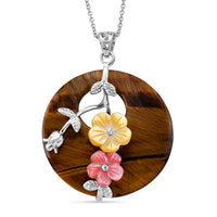 Yellow Tigers Eye and Multi Gemstone 60.00 ctw Pendant in Silvertone with Stainless Steel Necklace 20 Inches