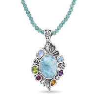 D''Joy Indian Artisan Crafted Premium Larimar, Multi Gemstone Pendant with Beaded Necklace (20 Inches) in Sterling Silver 45.40 ctw