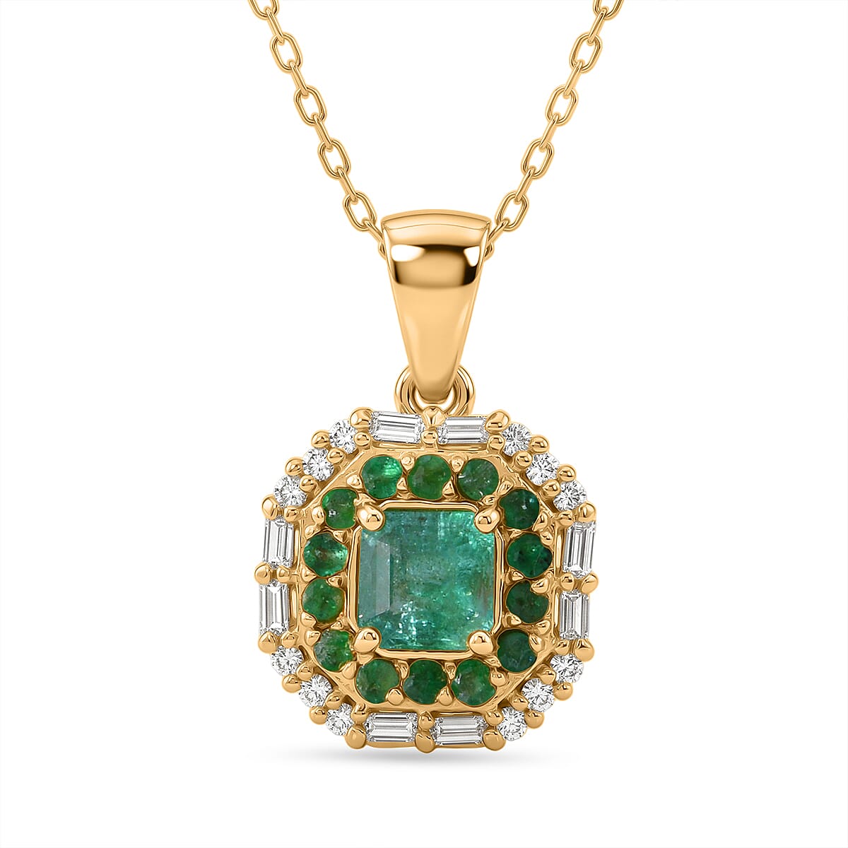 D'Joy AAA Kagem Zambian Emerald and Moissanite 1.20 ctw Royal Blossom Pendant Necklace in 18K Vermeil Yellow Gold Over Sterling Silver 20 Inches (Ships in 5-7 Days)