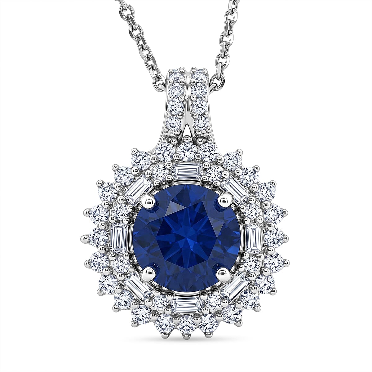 D'Joy Premium Tanzanian Blue Spinel (DF) and Moissanite 2.20 ctw Royal Midnight Halo Pendant Necklace in Rhodium Over Sterling Silver 20 Inches
