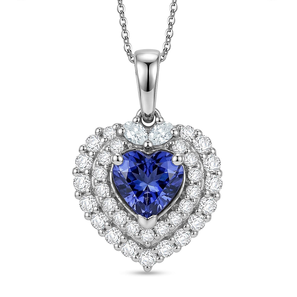 D'Joy Tanzanite and Moissanite 1.75 ctw Heart Pendant Necklace in Rhodium Over Sterling Silver 20 Inches