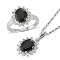 EverTrue Thai Black Spinel and White Zircon 5.90 ctw Ring (Size 9.0) and Pendant in Platinum Bond with Stainless Steel Necklace (20 Inches)