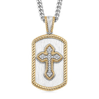 D'Joy Diamond 0.10 ctw Men's Guard Cross Pendant Necklace in 18K Vermeil YG and Rhodium Over Sterling Silver 24 Inches
