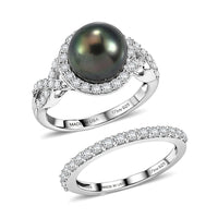 D'Joy Premium Tahitian Pearl 9mm, Moissanite Set of 2 Ring in Rhodium Over Sterling Silver (Size 6) 1.20 ctw