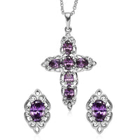 EverTrue Simulated Amethyst Color Diamond Cross Pendant without Chain and Stud Earrings in Stainless Steel 5.85 ctw