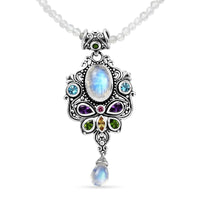 D''Joy Indian Artisan Crafted Premium Rainbow Moonstone, Multi Gemstone Pendant with Beaded Necklace (20 Inches) in Sterling Silver 56.10 ctw