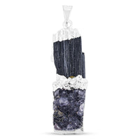 Black Tourmaline and Amethyst 28.00 ctw Drusy Pendant in Silvertone with Stainless Steel Necklace (20 Inches)