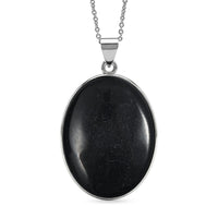 Oval Black Jasper 50.00 ctw Pendant in Silvertone with Stainless Steel Necklace 20 Inches