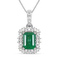 D'Joy Premium Kagem Zambian Emerald, Moissanite Pendant Necklace (18 Inches) in Rhodium Over Sterling Silver 2.40 ctw