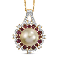 D'Joy Golden South Sea Pearl 9-11mm, Multi Gemstone Pendant Necklace (20 Inches) in 18K Vermeil YG Over Sterling Silver 2.15 ctw