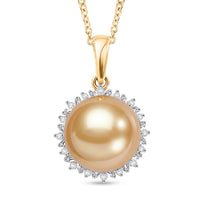 Luxoro 10K Yellow Gold Premium Golden South Sea Pearl 9-11mm, Diamond (I2) Pendant Necklace (20 Inches) 0.30 ctw