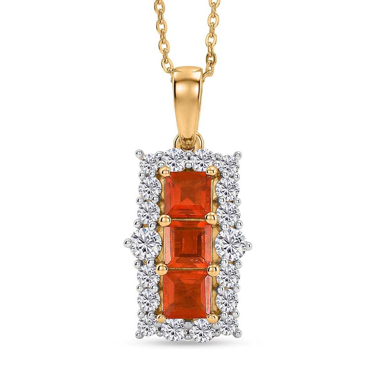 D'Joy Fire Opal and White Zircon 1.80 ctw Pendant Necklace (20 inches) in 14K Yellow Gold Over Sterling Silver