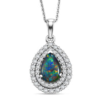 Certified & Appraised D'Joy Premium Australian Opal Triplet and Moissanite 2.10 ctw Pendant Necklace in Rhodium Over Sterling Silver 20 Inches