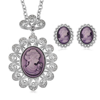 Purple Cameo, Austrian Crystal Jewelry Set – Earrings, Ring (Adjustable) and Necklace (21-23 Inches) in Silvertone