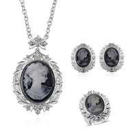 Black Cameo and Austrian Crystal Earrings, Ring (Adjustable) and Necklace 21-23 Inches in Silvertone