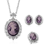 Black Cameo and Austrian Crystal Earrings, Ring (Adjustable) and Necklace 21-23 Inches in Silvertone