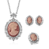 Black Cameo and Austrian Crystal Earrings, Ring (Adjustable) and Necklace 21-23 Inches in Silvertone