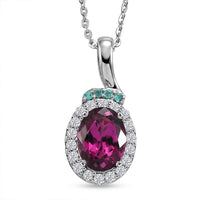 Certified & Appraised D'Joy Premium Radiant Ember Garnet, Paraiba Tourmaline and Moissanite 2.05 ctw Pendant Necklace in Rhodium Over Sterling Silver (20 Inches)
