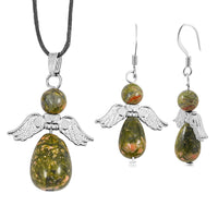 Angel Unakite Station Pendant Necklace (24 Inches) with Matching Earrings in Silvertone 19.65 ctw