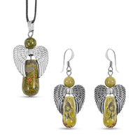Angel Unakite Pendant Necklace (24 Inches) and Earrings in Silvertone 19.35 ctw