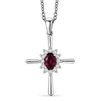 D'Joy Malawi Magenta Garnet, White Zircon Cross Pendant Necklace (18 Inches) in Rhodium Over Sterling Silver 0.90 ctw