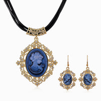 Blue Cameo, Austrian Crystal Necklace (20-22 Inches) and Earrings in Goldtone