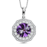 D'Joy Pinwheel Cut Premium Zambian Amethyst, Moissanite Pendant Necklace (18 Inches) in Rhodium Over Sterling Silver 4.20 ctw