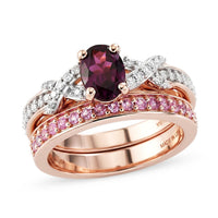 D''Joy Premium Radiant Ember Garnet and Multi Gemstone 1.50 ctw Solitaire Set of 2 Ring in 18K Vermeil Rose Gold Over Sterling Silver (Size 6.00)