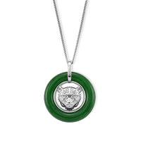 D'Joy Green Jade (D) 21.00 ctw Lion Heart Engraved Pendant Necklace (18 Inches) in Rhodium Over Sterling Silver