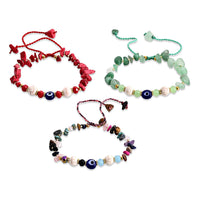 SET OF 3 - Rough Stone Adjustable Beaded Bracelet with Evil Eye Charm