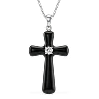 D'Joy Moissanite (Rnd 4mm), Black Jade Cross Pendant Necklace (18 Inches) in Rhodium Over Sterling Silver 18.00 ctw