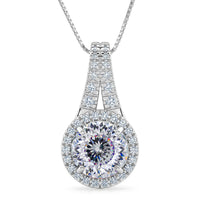 D'Joy 161 Facets Portugese Cut Moissanite (Rnd 8.5mm) Eternal Sparkle Classic Halo Pendant Necklace in Rhodium Over Sterling Silver (18 Inches) 2.75 ctw