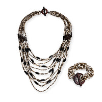 Multi Strand Seed Bead Necklace and Bracelet Set in Seafoam Bronze with Wood Toggle Clasp