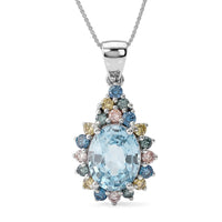 Premium Cambodian Blue Zircon, Luxuriant Lab Grown Multi Diamond (SI) (0.62 cts) Ocean Rainbow Halo Pendant Necklace (18 Inches) in Rhodium Over Sterling Silver 4.75 ctw