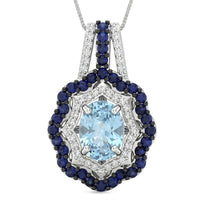 D'Joy Premium Cambodian Blue Zircon, Multi Gemstone Midnight Ocean Halo Pendant Necklace (18 Inches) in Rhodium Over Sterling Silver 3.15 ctw