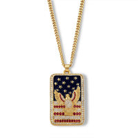 Simulated White and Red Diamond, Enameled American Patriotic Eagle Dog Tag Pendant Necklace (20 Inches) in Goldtone 2.00 ctw