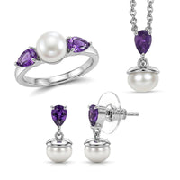EverTrue Freshwater Pearl, African Amethyst 2.00 ctw Twilight Bloom Earrings, Ring and Pendant in Platinum Bond with Stainless Steel Necklace (20 Inches)