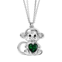 Simulated Emerald, Simulated Black Diamond Monkey Holding Heart Pendant Necklace (20-22 Inches) in Silvertone