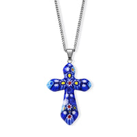 Murano Style Cross Pendant Chain Necklace (20-22 Inches) in Stainless Steel