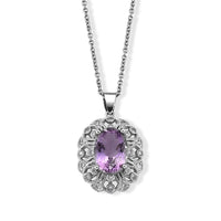 African Amethyst and Simulated Diamond Pendant in Silvertone with Stainless Steel Necklace (20 Inches) 12.00 ctw