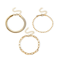 TLV Set of 3 - Snake, Paperclip and Ball Bead Chain Bracelet in Goldtone (7.00-9.00In)
