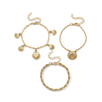 TLV Set of 3 - Rope with Shell Charms Multi-Layer Chain Bracelet in Goldtone (7.00-9.00In)