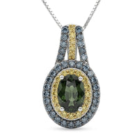D'Joy Premium Malawi Green and Yellow Sapphire Majesty Halo Pendant Necklace (20 Inches) in Rhodium Over Sterling Silver 1.85 ctw