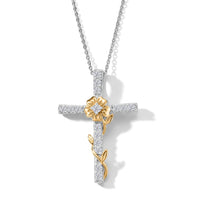 Luxuriant Lab Grown Diamond (G-H, SI) Flower Cross Pendant Necklace (20 Inches) in 18K Vermeil YG and Rhodium Over Sterling Silver 0.50 ctw