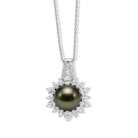 D'Joy Tahitian Pearl 10.5mm, Moissanite Sunburst Pendant Necklace (20 Inches) in Rhodium Over Sterling Silver 1.50 ctw