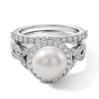 EverTrue Freshwater Pearl and White Zircon 1.35 ctw Set of 2 Stackable Ring in Platinum Bond (Size 5.0)