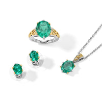 EverTrue Emeraldine Triplet Quartz Earrings, Ring (Size 5) and Pendant in 18K YG Plated and Platinum Bond with Stainless Steel Necklace (20 Inches) 11.60 ctw