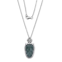Natural Olmec Jadeite Carved Leaf and Simulated Diamond Pendant Necklace (20 Inches) in Rhodium Over Sterling Silver 18.00 ctw