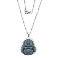 Natural Olmec Jadeite Carved Buddha Pendant Necklace (20 Inches) in Rhodium Over Sterling Silver 18.00 ctw